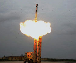 Supersonic Brahmos cruise missile test fired from a ground mobile launcher at the integrated test range in Balasore, Odisha on Sunday. PTI