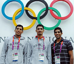 Indian Rowing team members, from left, Sandeep Kumar, Sawarn Singh and Manjeet Singh at Olympic Games Village in London . PTI