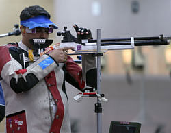 Gagan Narang competes in the 10m air rifle men qualifying round at the Royal Artillery Barracks in London on July 30, 2012 during the London 2012 Olympic Games. AFP
