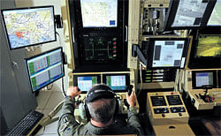 On duty: A pilot works the controls of a remotely piloted aircraft at a control station at Hancock Field Air National Guard Base, New York. NYT
