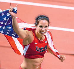 gold for me: US Jennifer Suhr celebrates after winning the pole vault gold on Monday. dh photo/ kn shanth kumar