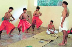 training A dance class in progress at Kerala Kalamandalam.