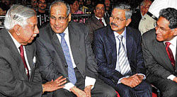 Former Supreme Court Chief Justice M N Venkatachalaiah with Karnataka State Human Rights Commission Chairperson Justice S R Nayak, Supreme Court judge Justice H L Dattu and Chief Justice of High Court of Karnataka Vikramajit Sen at the silver jubilee celebrations of CAT in Bangalore on Saturday. DH Photo