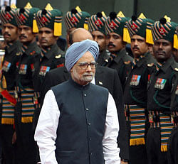 Prime Minister Manmohan Singh inspects guard of honour before addressing the nation on 66th Independence Day in New Delhi on Wednesday. PTI Photo