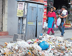 unhygienic Commercial areas like DVG Road, Basavangudi have become a dumping ground for garbage.  dh photos by dinesh s k