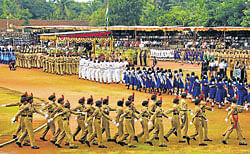 CELEBRATING INDEPENDENCE: Students, NCC cadets, Scouts and Guides and police personnel taking part in the Independence Day celebrations in Udupi on Wednesday.