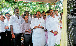 Minister for Health and Family Welfare Arvind Limbavali unveiling a plaque as a part of laying foundation to upgrade district hospital in Udupi on Thursday. MLA&#8200;Raghupathi Bhat and Udupi DC&#8200;Dr M&#8200;T&#8200;Reju among others look on.DH&#8200;photo