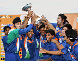 Townsville: Indian cricket team celebrates with the trophy after winning the U19 cricket World Cup at the Tony Ireland Stadium in Townsville, Australia on Sunday. PTI Photo/ICC