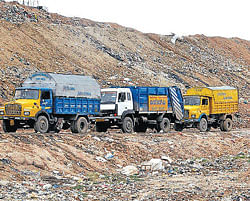 Trucks carrying garbage queue up near the Mandur landfill on Sunday. DH Photo