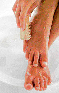 CLEAN &&#8200;CLEAR Use a pumice stone on the heels and side of the soles to remove dead skin.