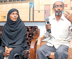 in shock: Relatives of the arrested suspects address the media at the Bangalore Press Club on Friday. KPN