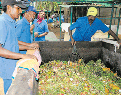Workers prepare compost out of waste from the 400 houses in RMV Extension. DH photo