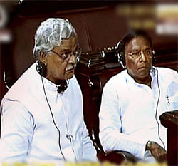 Coal Minister Sriprakash Jaiswal and MoS at PMO V Narayanasamy in Rajya Sabha in New Delhi on Monday. PTI