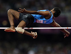 Girisha Hosanagara Nagarajegowda competes in the men's High Jump Final F42 during the London 2012 Paralympic Games at the Olympic Stadium in London, September 3, 2012. REUTERS