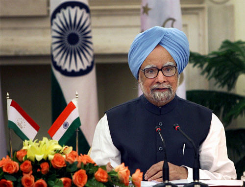 Prime Minister Manmohan Singh during a joint press conference with the Tajikistan President Emomali Rahmon at the Hyderabad House, in New Delhi on Monday. PTI Photo by