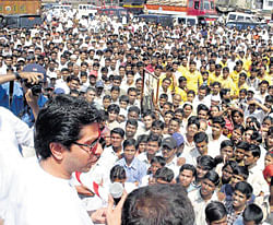 Maharashtra Navnirman Sena chief Raj Thackeray addresses a meeting in Mumbai.