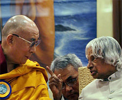 Former President A P J Abdul Kalam and Tibetan spiritual leader Dalai Lama during the world meet for 'Peace and Harmony' to celebrate 150th birth anniversary of Swami Vivekananda in New Delhi on Tuesday. PTI Photo