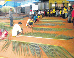 The participants take part in tying the coconut fronds, at Bunts sports meet in Mangalore.