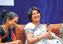 Indian Ambassador to US Nirupama Rao speaks on Education and the Global Citizen: The Challenge and the Opportunity for  India organised in Bangalore on Tuesday. Techer Foundation Director Maya Menon and Indo-American Chamber of Commerce Executive Council member Priya Chetty Rajgopal look on. DH Photo