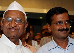 Social activist Anna Hazare and Arvind Kejriwal addressing the media after their meeting in New Delhi on Wednesday. PTI