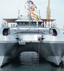 INS Makar, a survey vessel anchored at Kadamba Naval Base in Karwar on Friday. DH Photo