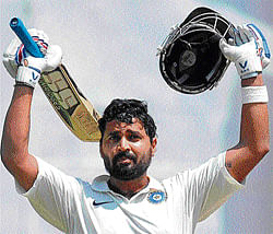 jubilant: Rest of Indias Murali Vijay celebrates after reaching his double century on the third day of the Irani Cup match against Rajasthan. DH&#8200;PHOTO/ srikanta sharma r