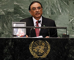 Asif Ali Zardari, President of the Islamic Republic of Pakistan, addresses the 67th UN General Assembly meeting on September 25, 2012 in New York City. The annual event gathers more than 100 heads of state and government for high level meetings on nuclear safety, regional conflicts, health and nutrition and environment issues. AFP