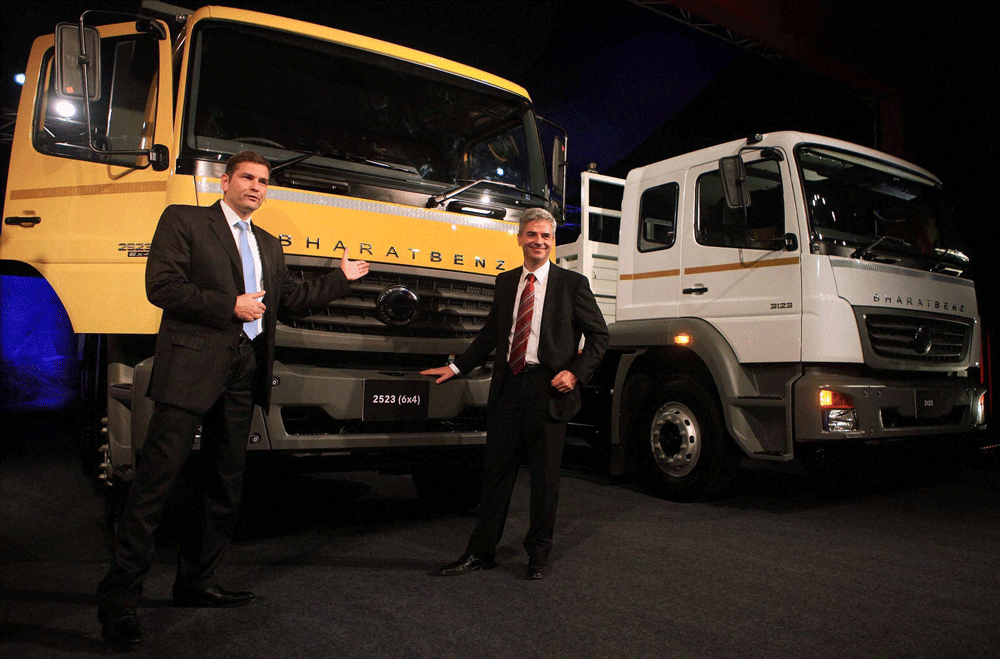 MD & CEO of Daimler India Commercial Vehicles Private Ltd Marc Llistosella (L) with VP Purchasing/Logistic Eric Nesselaauf at the launch of Bharat Benz trucks in Mumbai on Wednesday. PTI Photo