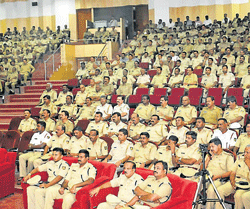 Police personnel attend a workshop on soft skills at Senate Hall in Mysore on Saturday.