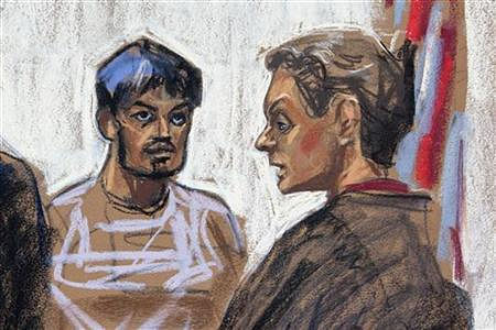 A courtroom sketch shows Quazi Mohammad Rezwanul Ahsan Nafis (L) being arraigned in the United States District Court of the Eastern District of New York October 17, 2012.  Credit: Reuters