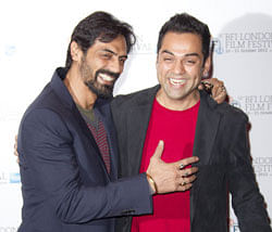Actors Abhay Deol and Arjun Rampal, left, stand together at a photocall for Prakash Jha's 'Chakravyah' during the London Film Festival at The Empire cinema, Leicester Square on Thursday, October 11, 2012 in London. AP