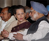 Prime Minister Manmohan Singh, UPA Chairperson Sonia Gandhi and Defence Minister AK Antony during the swearing-in ceremony for the new ministers at Rashtrapati Bhavan in New Delhi on Sunday. PTI Photo