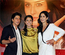 Actors Shahrukh Khan, Anushka Sharma and Katrina Kaif pose during a press conference for their film 'Jab Tak Hai Jaan' in Mumbai. PTI Photo