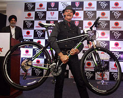 Father of Mountain biking Gary Fisher launching the SuperFly Hi-end 29er series of mountain bikes from the Gary Fisher Collection in New Delhi on Monday. Managing Director, Firefox Bikes, Shiv Inder Singh (L) is also seen. PTI