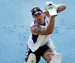 England's Kevin Pietersen bats in the nets during a practice session in Ahmedabad. PTI Photo