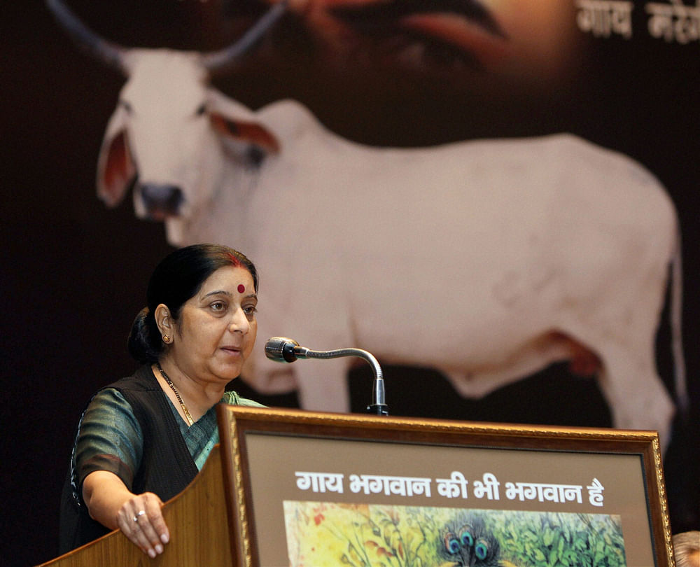 BJP Leader Sushma Swaraj speaks during the Gowansh Chetna Sabha in New Delhi on Wednesday. PTI Photo