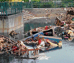 unattended A fortnight after the Durga puja, the remains of the idols dumped in the Ulsoor Lake.  DH Photos by Dinesh S K