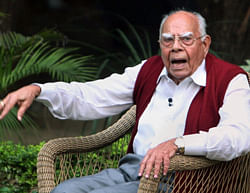 New Delhi: BJP member and noted lawyer Ram Jethmalani talking to the media in New Delhi on Tuesday. PTI Photo by Kamal Singh
