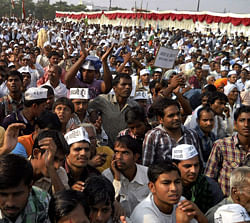 Supporters at India Against Corruption activist Arvind Kejriwal. File PTI Photo