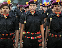 Members of Virangana, special woman force of Assam Police trained to tackle eve-teasing effectively, during introduction of the force in Guwahati on Friday. PTI Photo