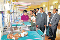 for future citizens: (Left)Director of MMC and RI Dr Geetha K&#8200;Avadhani makes a point to medical education and district in-charge minister S A Ramdas during inauguration of Neonatal Intensive Care Unit (NICU) at Cheluvamba Hospital in Mysore on&#8200;Saturday. Chairman of  Zoo Authority of Karnataka Nanjundaswamy, superintendent of the hospital Dr B Krishnamurthy and others are seen.  (