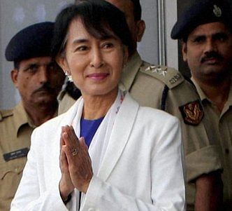 Myanmar's opposition leader Aung San Suu Kyi on her arrival at IGI Airport in New Delhi on Tuesday. PTI Photo by Vijay Verma