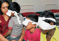 Children treated for eye injuries at a private hospital in Bangalore on Wednesday. DH Photo