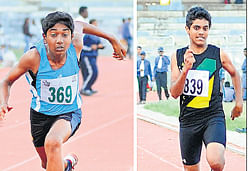sprint champs: Lokesh S (left) of Bala Yesu Vidyalaya wins the Junior boys 100M in the Star Track Athletic Clubs inter-school meet at the Sree Kanteerava Stadium in Bangalore on Saturday. RIGHT: Shervil of Bishop Cotton Boys School wins the 100M for Senior boys. DH photos