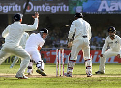 England opener N Compton is bowled out during the first cricket test match against India at Motera in Ahmedabad on Friday. PTI