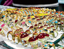 Glittering: Stone encrusted rings at Irans Silver Star stall are a head-turner.