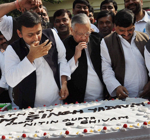 UP Chief Minister Akhilesh Yadav during Samajwadi Party chief Mulayam Singh Yadav's 74th birthday celebrations at party headquarters in Lucknow on Thursday. PTI Photo