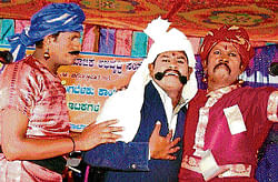 (Clockwise from below) Constable M C Vishwanath of  Chintamani Rural police station. Vishwanath as Lakkappa Gowda in a social play, and in the role of Bheema. dh photos