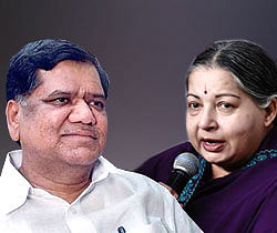 Tamil Nadu Chief Minister J Jayalalithaa and her Karnataka counterpart Jagadish Shettar. File photo