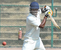 Biplab Samnatray of Odisha plays a shot in the Ranji encounter against Karnataka. DH Photo